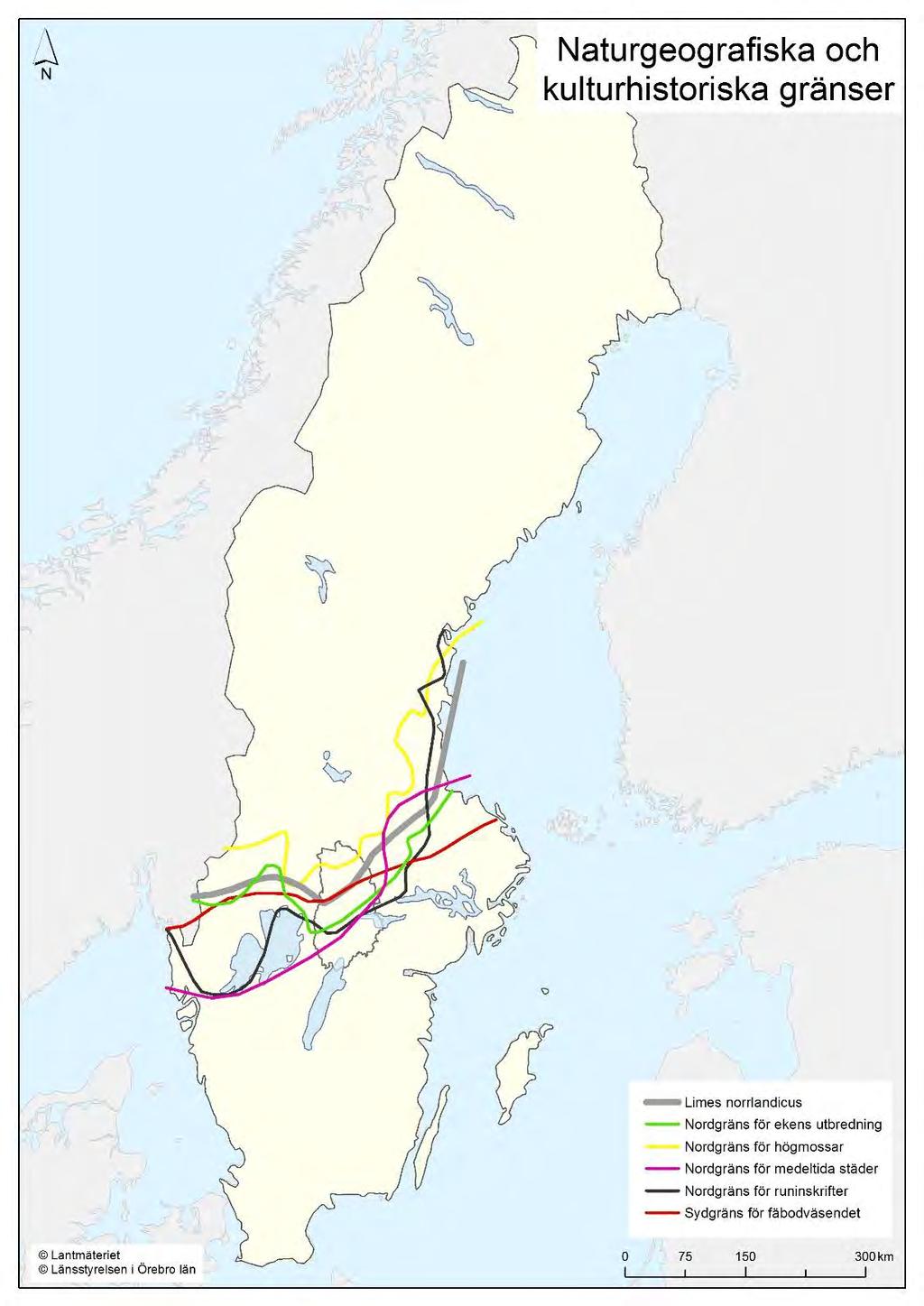 Figur 10. Naturgeografiska och kulturhistoriska gränser mellan nordliga och sydliga förhållanden som korsar Örebro län, länsstyrelsernas digitala karttjänster.