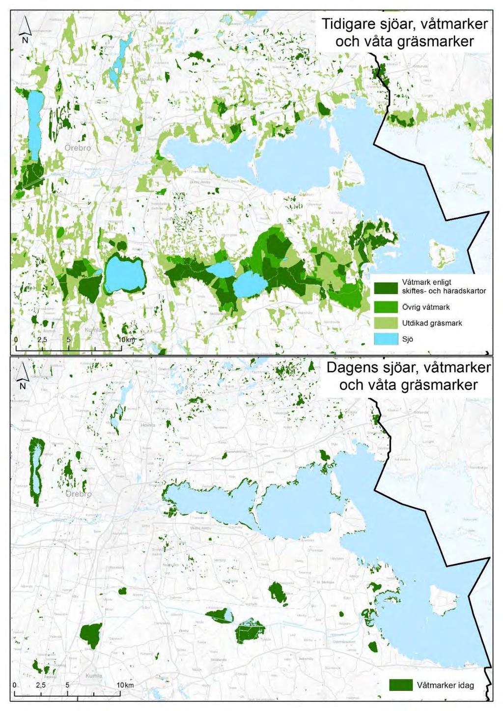 Figur 16. Jämförelse av ängs- och våtmarkernas utbredning i Kvismaredalen före och efter de stora utdikningarna under slutet av 1800-talet till början av 1900-talet.