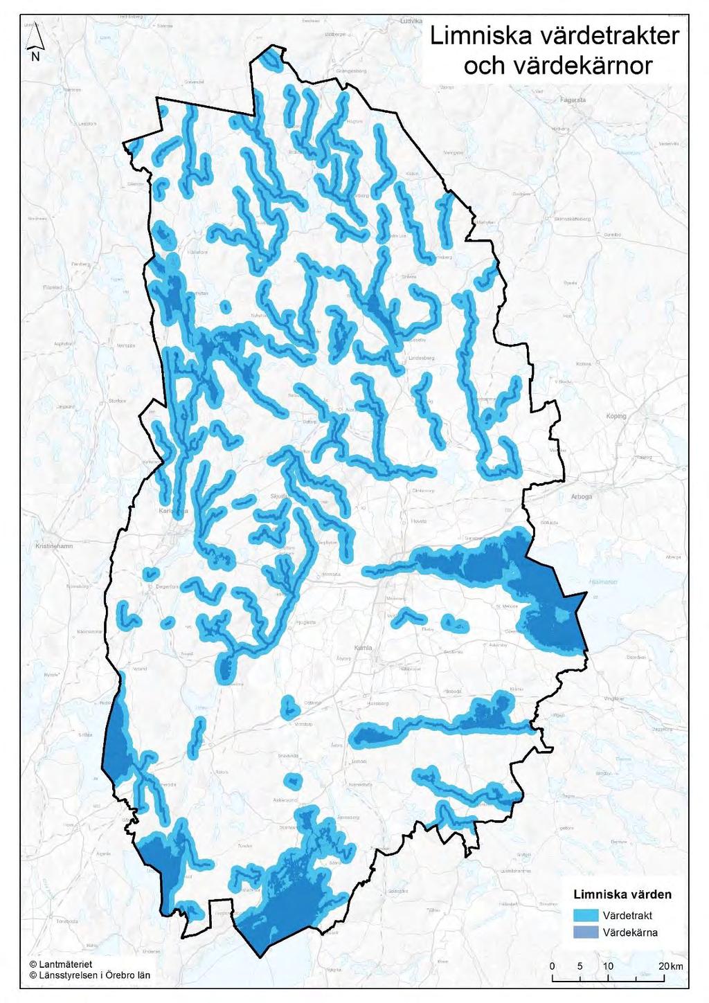 Figur 24. Värdetrakter för sjöar och vattendrag i Örebro län.