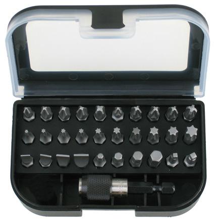 Spår 5,0 / 6,0 / 7,0 / 8,0 mm, Phillips PH1 / 3 st PH2 / PH3, Pozidriv PZ1 / 3 st PZ2 / PZ3, Torx TTX7 / TTX8 / TTX9 /TTX10 / TTX15 / TTX20 / TTX25 / TTX27 / TTX30 / TTX40, Sexkant 3,0 / 4,0 / 5,0 /