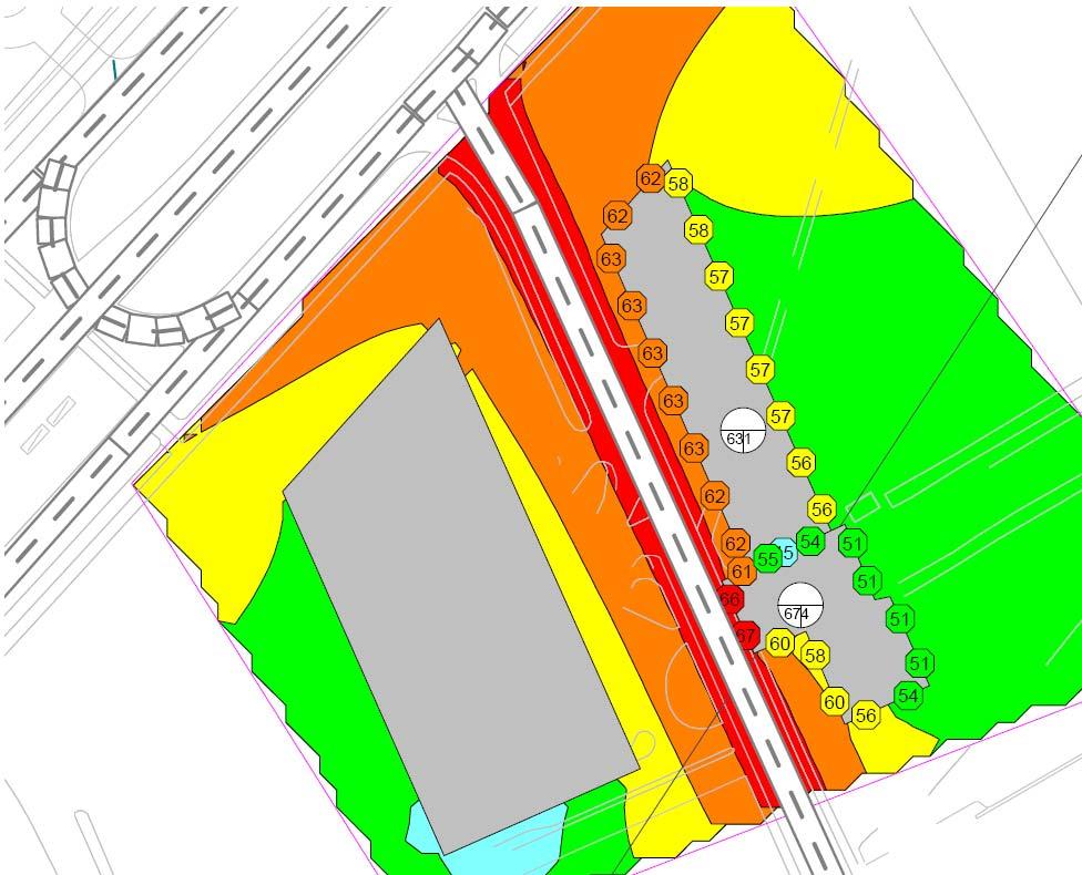 Bild 5 Ritning som dels visar ljudnivåerna i omgivningen kring byggnaderna 2 meter över mark