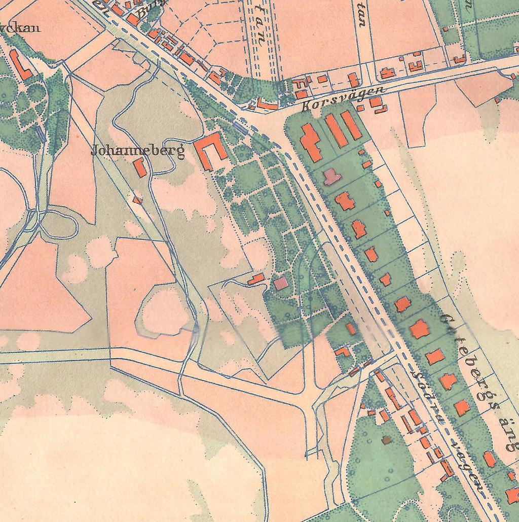 Karta 1890 Karta 1923 Flygelbyggnaden fristående Ny bebyggelse har minskat trädgården Kartan från 1890 visar att den nya stadsplanen från 1866 har fortfarande inte fått genomslag i området.