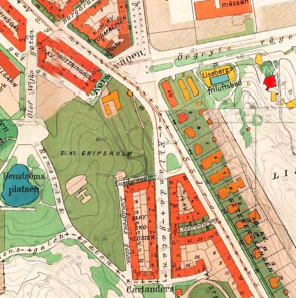 En spårvägslinje mellan Getebergsäng, förbi Kordsvägen till Brunnsparken öppnades 1881 och aver den prickade blå linjen.