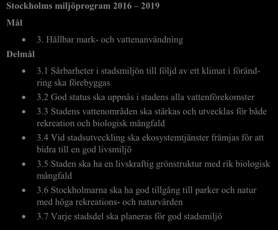 4 Vid stadsutveckling ska ekosystemtjänster främjas för att bidra till en god livsmiljö 3.5 Staden ska ha en livskraftig grönstruktur med rik biologisk mångfald 3.