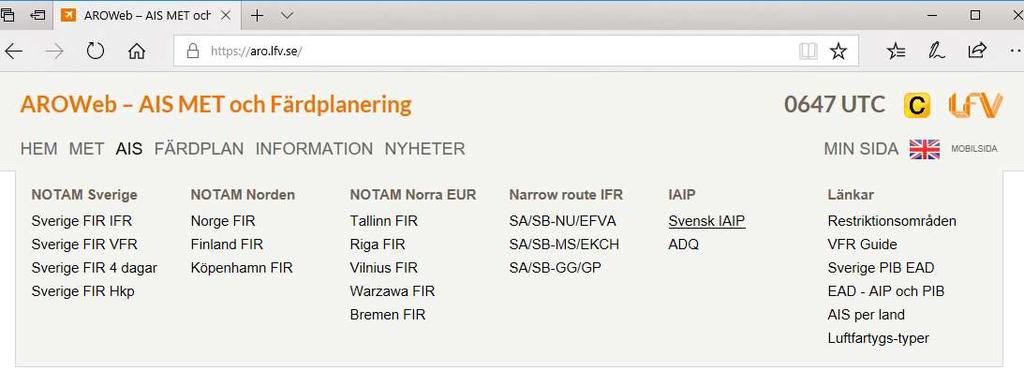 LFV Luftfartsverkets hemsida AIS Aeronautical Information Service IAIP