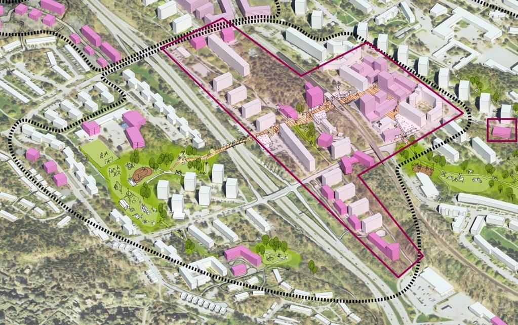 Sida 4 (18) Bilden visar etapp 1 av Fokus Hagsätra Rågsved. Det reviderade inriktningsbeslutet och den föreslagna detaljplanens ungefärliga utbredning markerat i rosa.