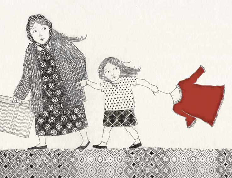 Agneta berättade om uppgiften för barnen, att med hjälp av röda och svarta pennor (samma färger som illustrationerna i boken) rita någonting som man själv skulle kunna tänka sig att ta med om man var