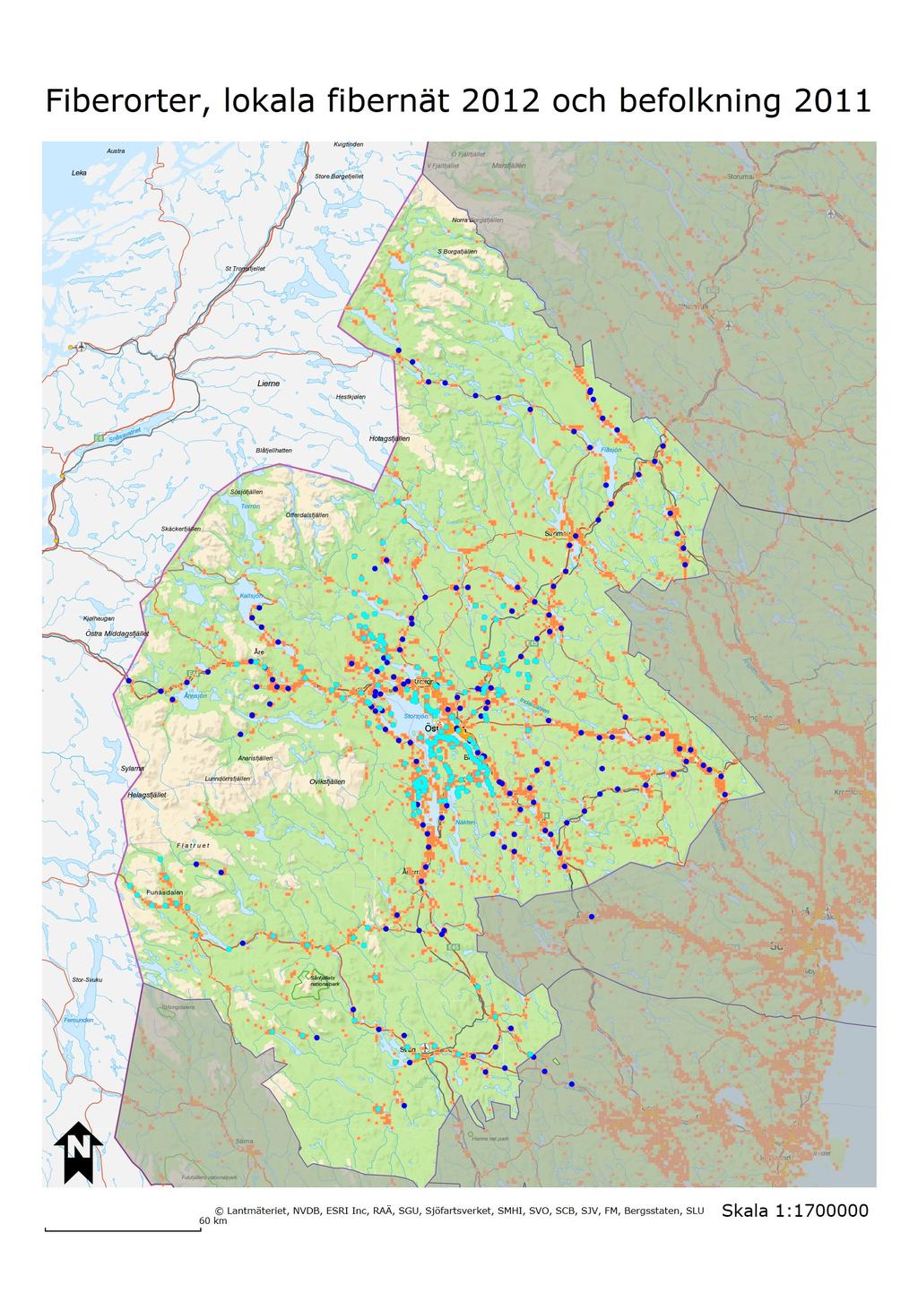 BREDBANDSSTRATEGI FÖR JÄMTLANDS LÄN MOT ÅR 2020 Karta 2 Orter med fiber i Jämtlands län 2011. Källa: Länsstyrelsens kartläggning.