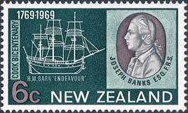 T.v.: Den brittiske botanikern Joseph Banks (1743 1820) visas på detta frimärke utgivet av Nya Zeeland 1969.
