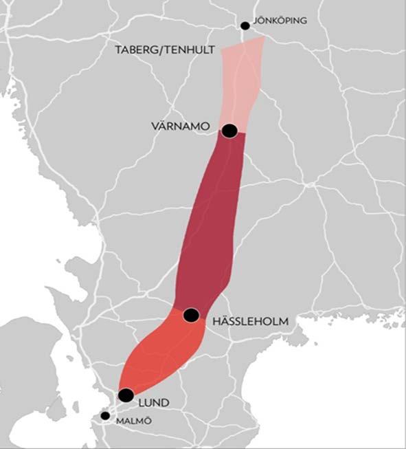 Jönköping (Taberg/Tenhult) Lund (ca 240 km) dubbelspår Befintlig bana (SSB)