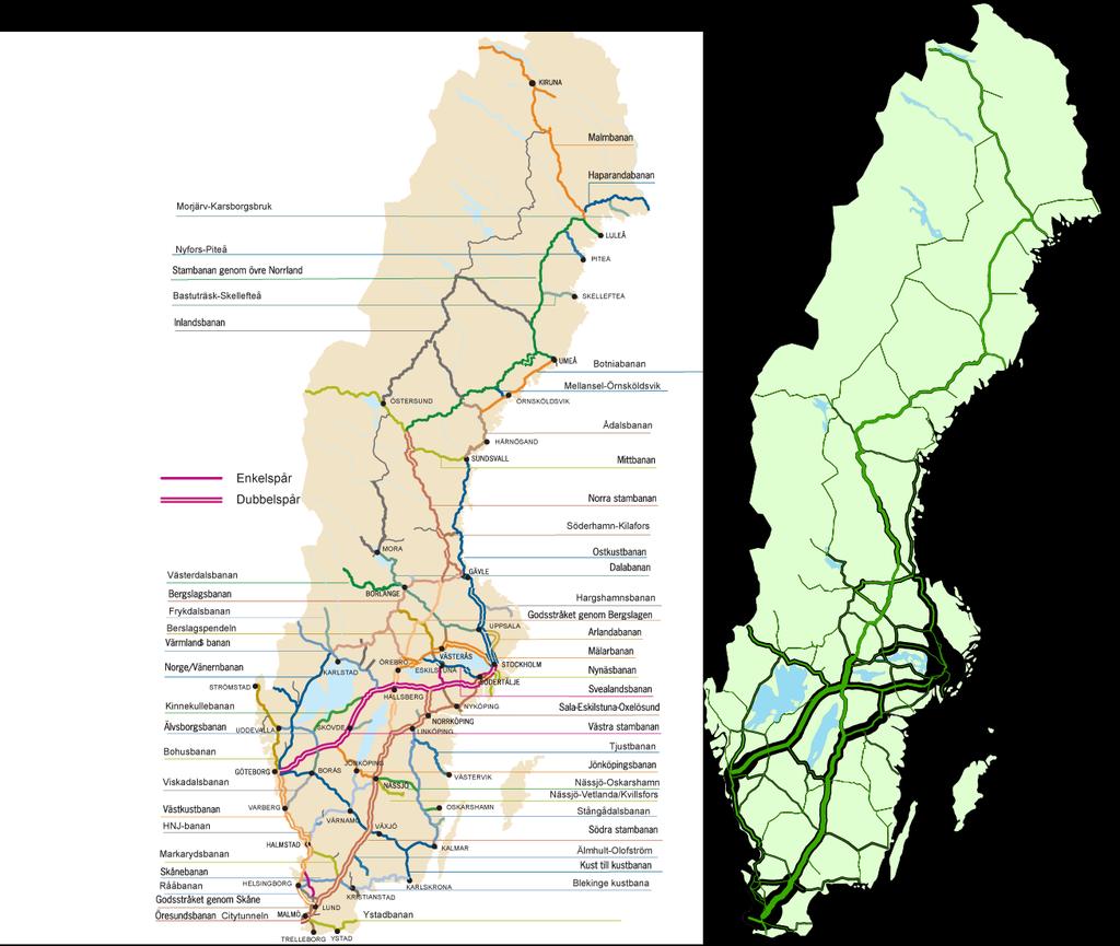 26 3 Utbud och priser 3.1 Det svenska järnvägsnätet Figur 3.1: Till vänster: Järnvägsnätet i Sverige. Källa: Trafikverket. Till höger: Belastning på järnvägsnätet i antal tåg per dag.