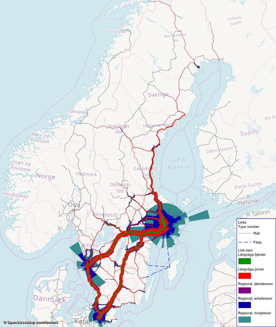 59 Figur 5.8: Långväga och regionala resor per vardagsmedeldygn fördelade på ärenden. Långväga resor > 10 mil är indelade i privatresor (röda, innerst) och tjänsteresor (gröna, utanpå privatresorna).