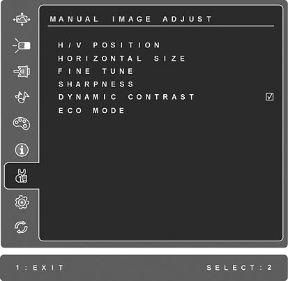 Kontroll Beskrivning Manual Image Adjust (Bildstä llningens) visar menyn Manual Image Adjust. H./V.