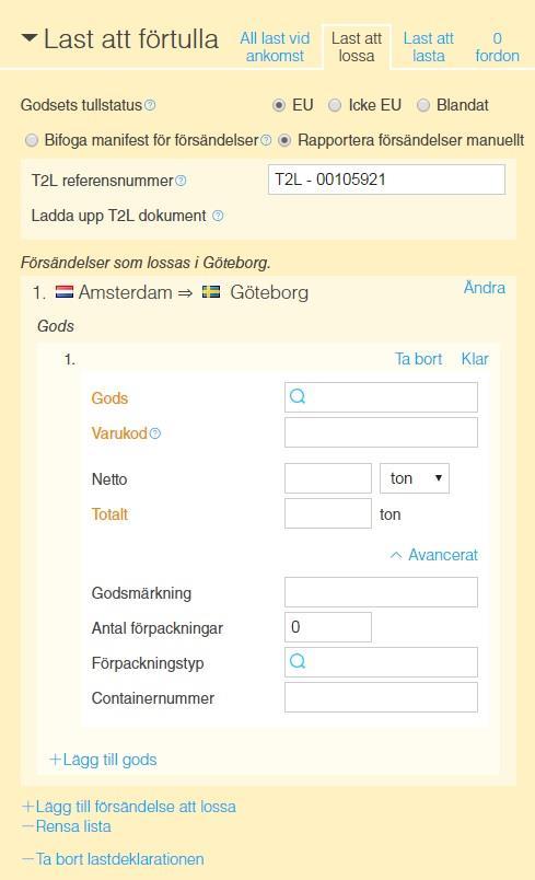 Användarguide 63 I dialogen för gods anges godset enligt följande: Gods för giltiga val kan sökning göras genom att placera markören i fältet och klicka.