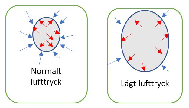 Luften utanför ballongen trycker ballongens väggar inåt (blå pilar). Lägre lufttryck utanför ballongen ger mindre tryck inåt.