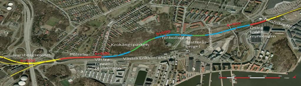 Delsträckan Eriksberg Pölsebo (Figur 4) innebär utbyggnad av nytt dubbelspår i ny sträckning norr om nuvarande spår.