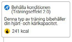 Träningseffekt (TE) visar effekten av ett enskilt träningspass på konditionen. Träningseffektens skala är 1-5 (se höger). 5.0 Tillfällig överkompenserande 4.0-4.9 Starkt förbättra konditionen 3.0-3.