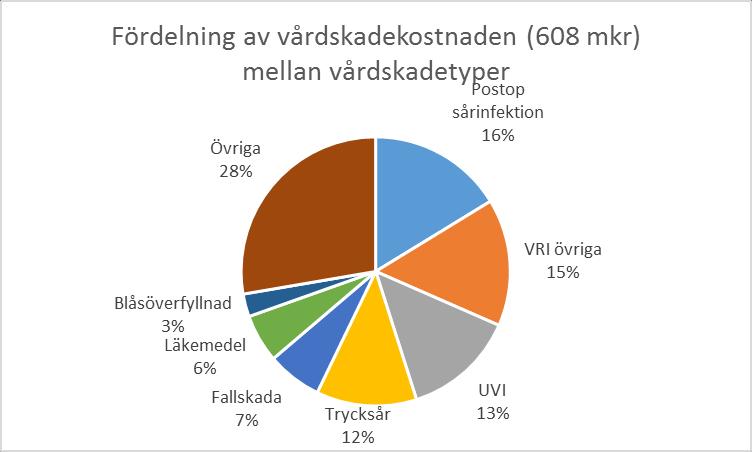 VRI, trycksår och fallskador bidrar till 2/3 av vårdkostnaderna och vårdskadedagarna Den sammanlagda vårdskadekostnaden per år kan uppskattas till minst 608 miljoner kronor.