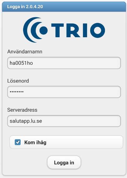 Inloggning Inloggningssidan visas när du öppnar appen Trio Referral. I fältet användarnamn anger du ditt Lucat-id och i fältet lösenord anger du också ditt Lucatid.