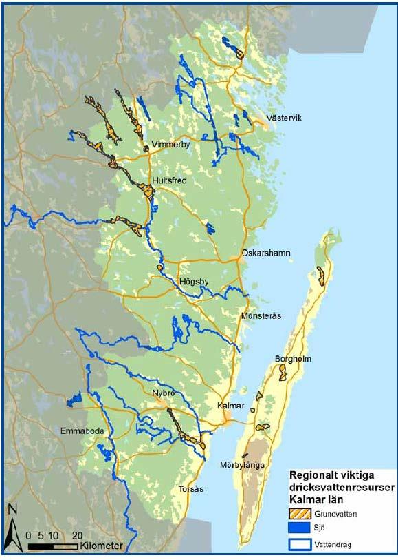 58 Figur 69. Dricksvattenresurser i Kalmar län Figur 69 visar de vattenresurser som pekats ut som regionalt viktiga för dricksvattenförsörjningen.