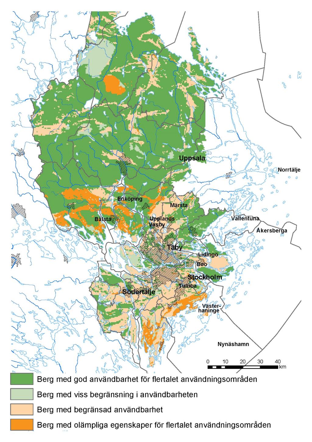 Figur 6. Berggrundens användbarhet som ballast i Stockholms och Uppsala län.