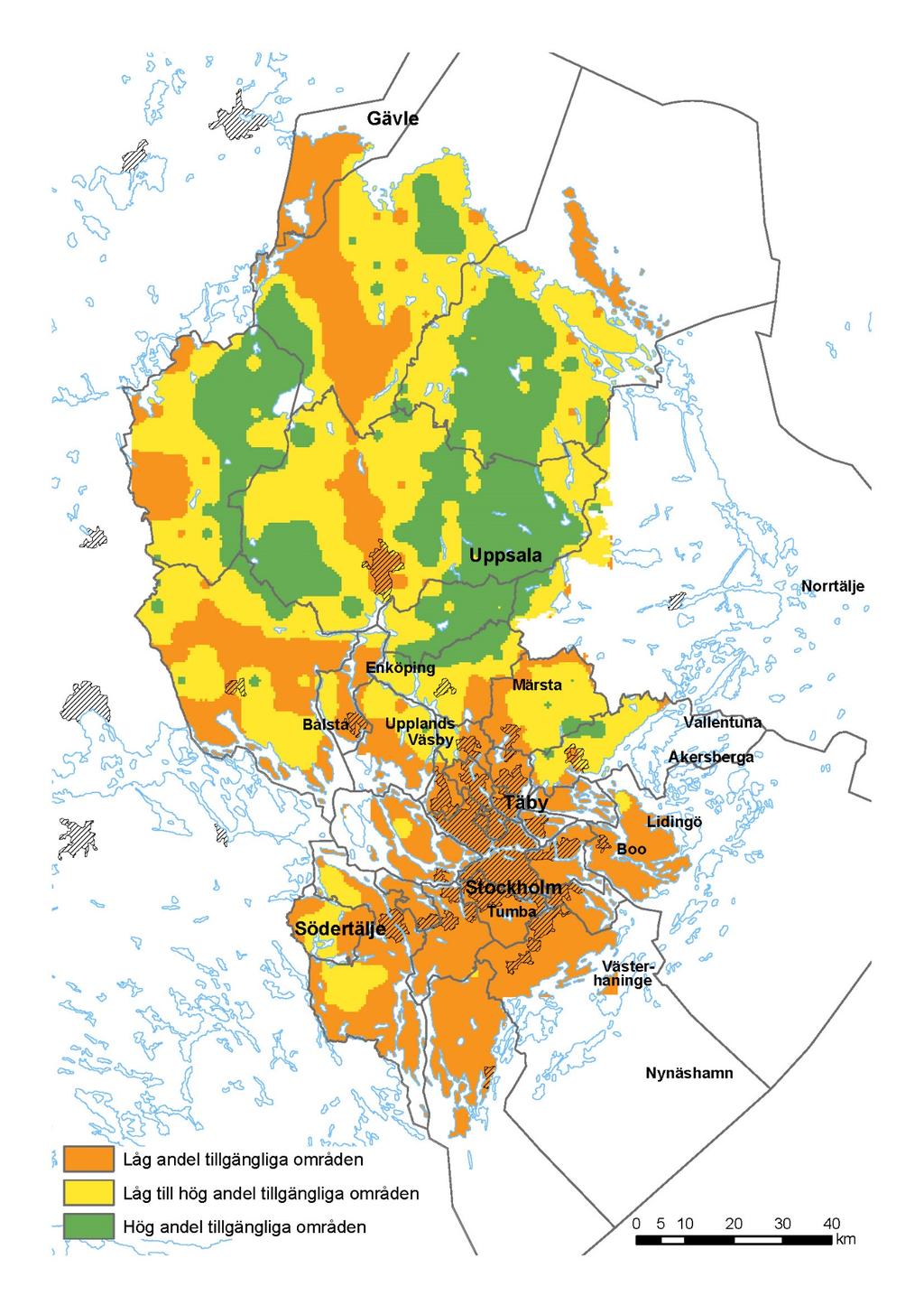 Figur 7. I Stockholms län är tillgången på tillgängliga områden av berg med god användbarhet låg i princip hela länet.