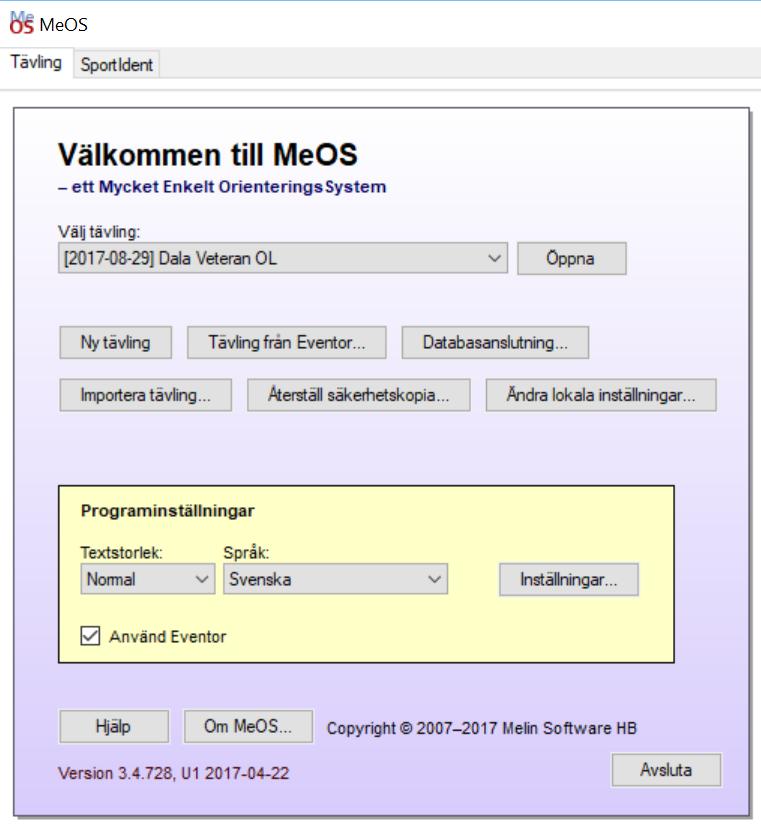 HANTERA MeOS: Tävling (huvudsida utan öppnad tävling) Ny tävling (Namn, Datum och Starttid. Anmäl inga deltagare nu. Individuell tävling.) Tävling från Eventor (tävlingsdata + löpardatabas).