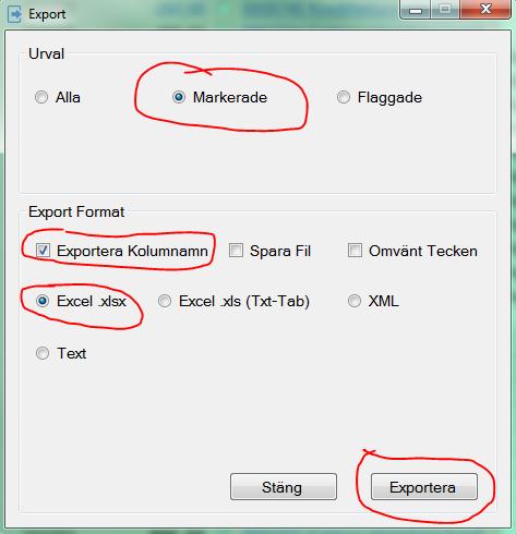 I exemplet nedan har vi bockat i ett antal poster som vi vill exportera till excel. Tryck på knappen Export.