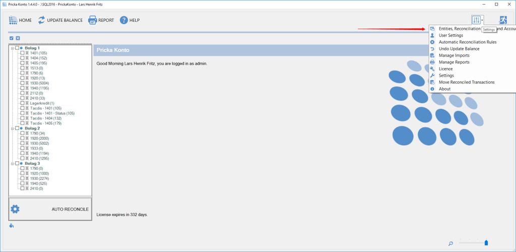 Adding till Entites, Reconciliation Groups and Accounts Adding a new Entity Click Settings ->