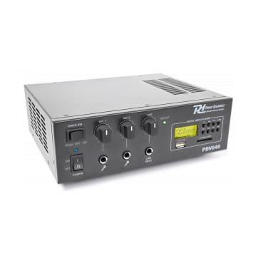 Slutsteg PDV040 40W/100V-12V slutsteg med MP3 spelare PDV040 är ett flexibelt slutsteg med utgångar för 8Ω ljudanläggning samt för 70V och