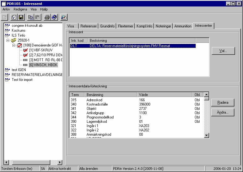 FÖRSVARETS MATERIELVERK ANVÄNDARHANDBOK 2006-05-30 Flik 6 Sida 31(124) 2.5.5 PDR105 - Intressentuppgifter Indatering och ändring av uppgifter om: Intressentsystemens egna data om förnödenheten (s.k. Genomströmningsdata), d.