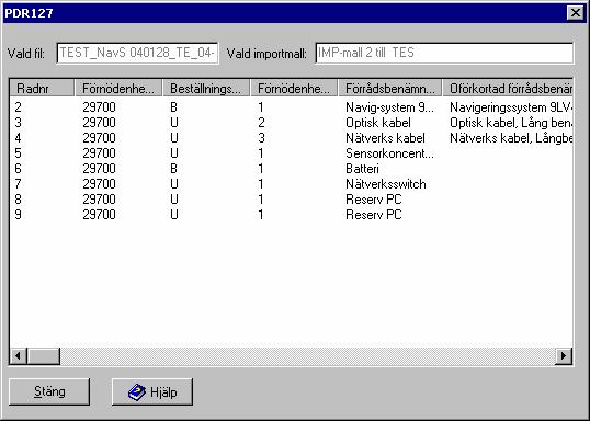 Flik 6 Sida 54(124) 2006-05-30 2.5.24 PDR127 - Granska (Steg 2-4 i dialog PDR124 - Import) Presentation av uppgifter om: Ingående kolumner i vald indatafil, kopplade enligt importmallen.