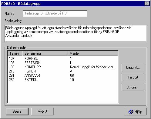 Flik 6 Sida 62(124) 2006-05-30 2.5.32 PDR340 - Rådatagrupp Presentation och indatering av uppgifter om: Namn, beskrivning och tillhörande termer för antingen en ny rådatagrupp (efter val 'Lägg till ' ) resp.