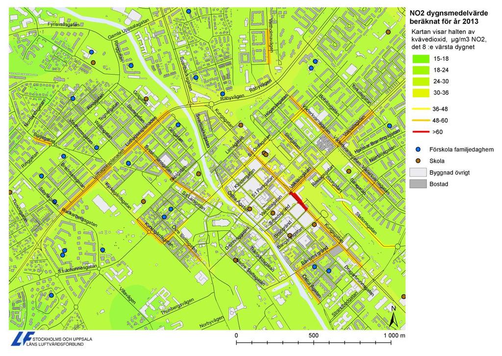 Figur 9: Kvävedioxidkarta för Uppsala innerstad 2013. Källa: Stockholms och Uppsala läns luftvårdsförbund 3.