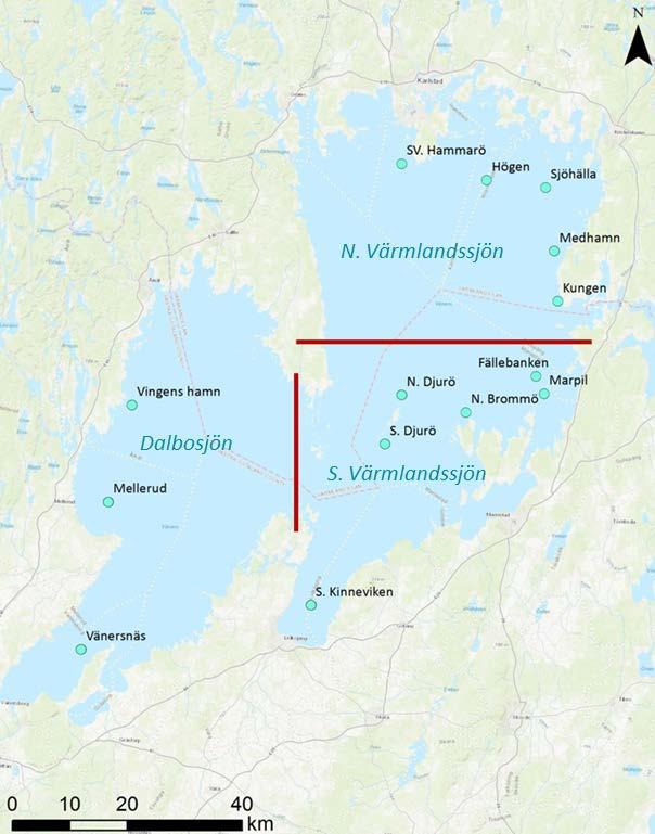 Figur 1 Fångstplatser i Vänern för sik som analyserats mellan 2014 och 2017. De röda linjerna visar en geografisk indelning av sjön, norra Värmlandssjön, södra Värmlandssjön och Dalbosjön.