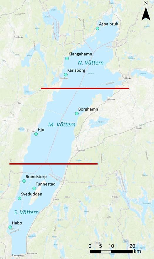 Figur 2 Fångstplatser i Vättern för sik som analyserats mellan 2014 och 2017. De röda linjerna visar en geografisk indelning av sjön, norra, mellersta och södra Vättern.