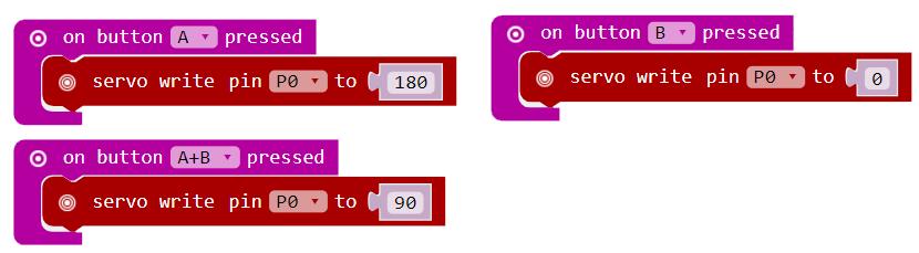 Blocken servo write finns i blockgruppen Koden gör att servomotor roterar till 180 grader när knapp A trycks in, tillbaka till utgångsläget när knapp B trycks in och till ett mellanläge när knapp A+B