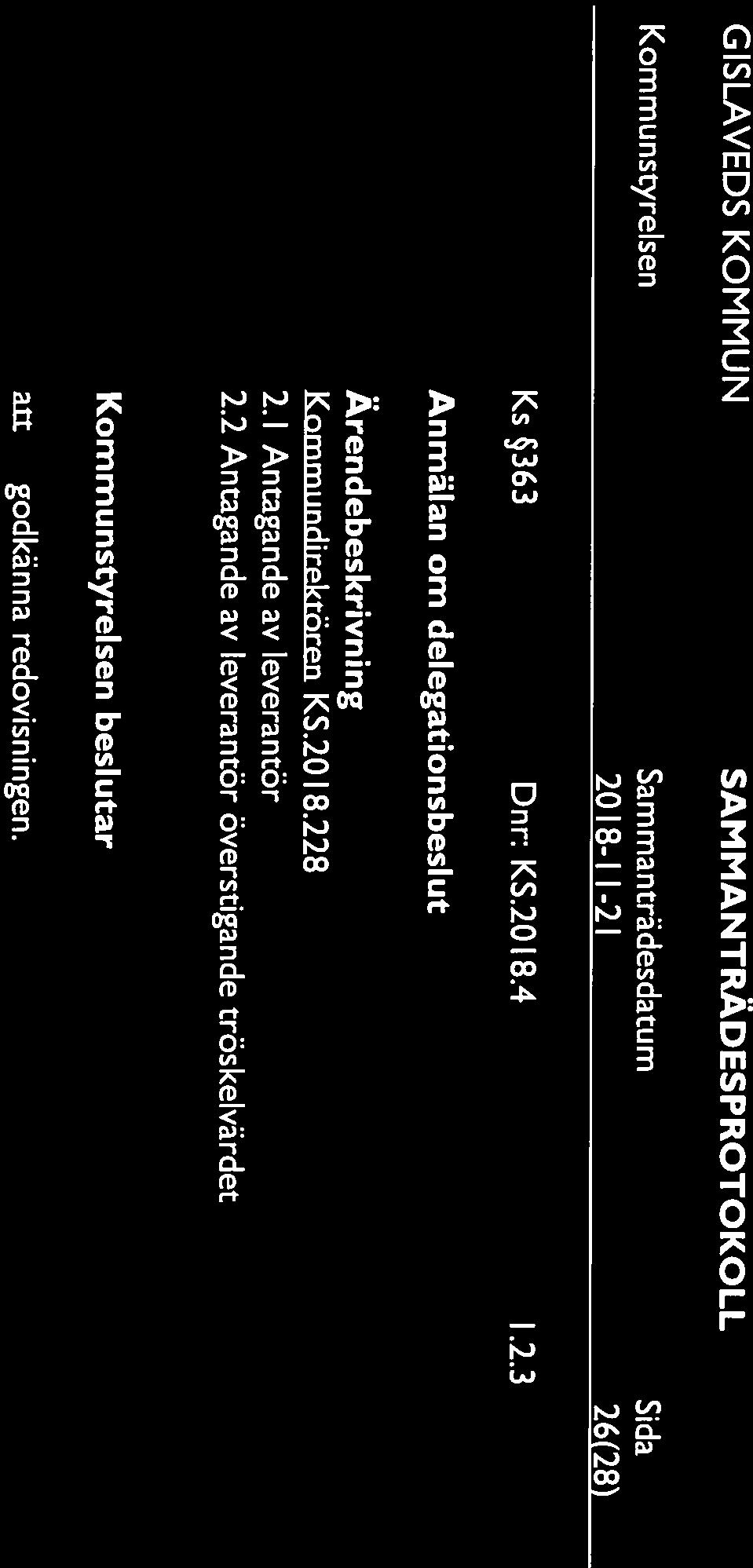 2018-1 1-21 26(28) Ks 363 Dnr: KS.2018.4 1.2.3 Anmälan om delegationsbeslut Knmmiindirki-rn KS.20 18.228 2.