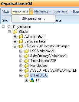 Söka person genom att markera Gul mapp och klicka Personlista Du kan på ett snabbt sätt få fram en personlista över personer som är anställda på en viss organisation genom att markera aktuell
