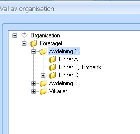 Du kommer nu till organisationsträdet där du ska markera den organisationsenhet där den anställde ska