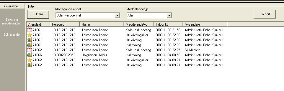 I vyn framgår med en ikon var i processen ett ärende befinner sig för respektive part sjukhus, kommun och primärvård.