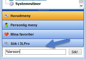 Ange ett sökord i fältet. Programmet letar efter ordet i alla tabeller där anteckningar finns. Se förklaring till tabellnamnen under avsnitt Register där anteckningar finns.