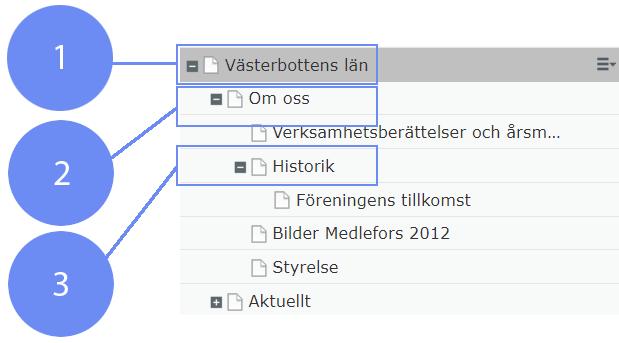 Strukturera webbplatsen Webbplatsens struktur utgörs av sidor. Sidornas namn bildar med automatik struktur och menyer. Menyerna byggs sedan upp dynamiskt av de sidor som finns på webbplatsen.