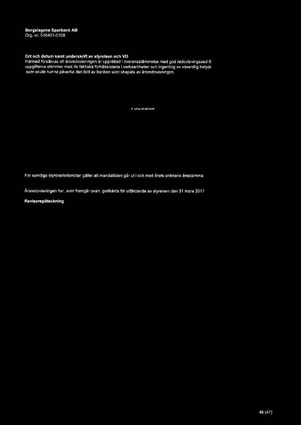 Ort och datum samt underskrift av styrelsen och VD Härmed försäkras att årsredovisningen är upprättad i överensstämmelse med god redovisningssed för bank.