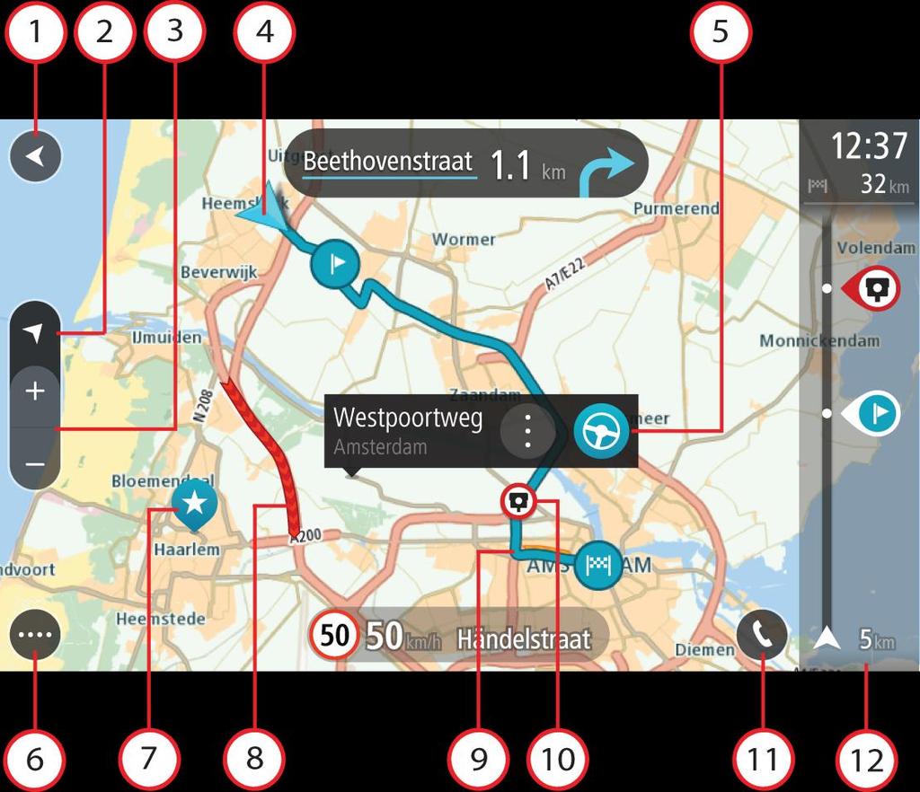 Vad visas på skärmen Kartvyn Kartvyn visas när du inte har någon planerad rutt. Din nuvarande plats visas så snart GO PROFESSIONAL har hittat din GPS-position.