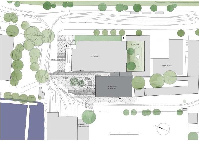 Sida 5 (9) Situationsplan med ny byggnad i mörkgrått och Djurgårdsvägen i norr. Även Blå Portens restaurang moderniseras och inryms delvis i tillbyggnaden.
