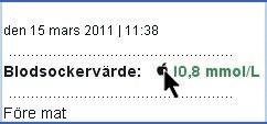 Exempel: Trendrapport i mmol/l med Kolhydrater och Insulin Trendrapporten visar en röd vertikal linje som du kan flytta till höger eller vänster för att rikta upp kolhydrat- och insulinangivelserna