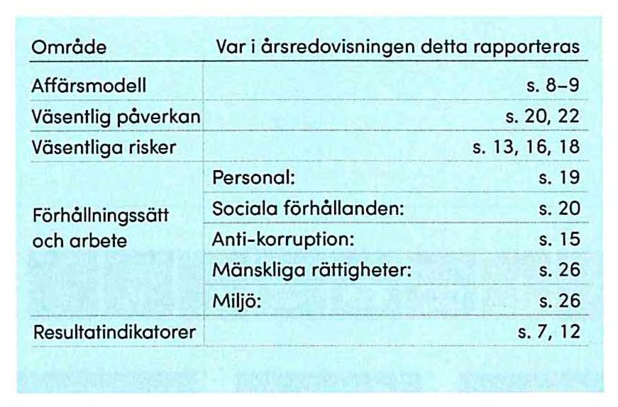 Enligt principerna för ÅRL-rapporteringen ska bolaget rapportera hållbarhetsarbetet utifrån områdena; miljö, sociala förhållanden, personal, mänskliga rättigheter och anti-korruption.