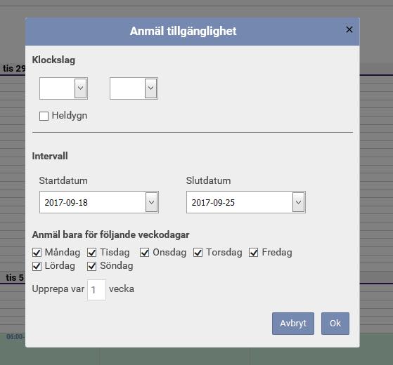 Anmäla tillgänglighet I denna del av programmet registrerar du vilka dagar, och vilka tider på dessa dagar, som du kan jobba. Det är viktigt att du registrerar din tillgänglighet här.