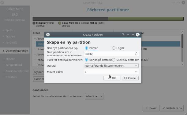 Välj typ av partition (i äldre datorer kan varje enhet ha max 4 primära partitioner om du behöver flera så måste några vara logiska), filsystem och den monteringspunkt som